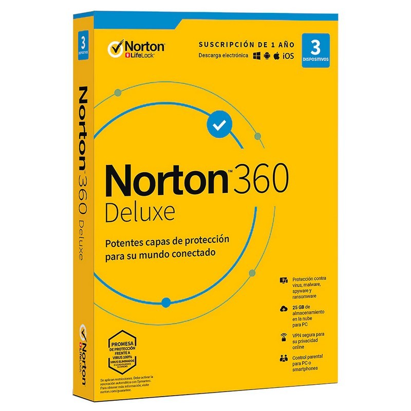 NORTON 360 DELUXE 25GB ES 1 USER 3 DEVICE 1 AÑO L. ELECTRONICA