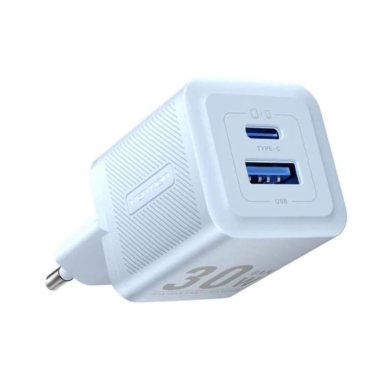 CARGADOR DE PARED VENTION GAN USB-C USB-A 30W BLUE